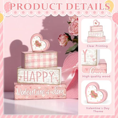 Britimes Tiered Tray Decor Set, 4 Pack, Wooden Table Sign, Pink Valentine - style: Pink Happy Valentine