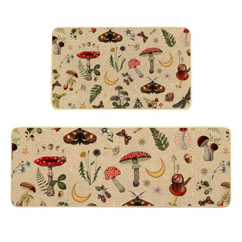 Mushroom Rug Mushrooms Butterfly Spring Kitchen Mats for Floor,Beige Kitchen Rug Set of 2 Washable Floor Mats Rubber Rugs Runner Standing Mat Non Slip Rugs Runners for Sink,Dishwasher,17x29+17x47 inch - color: Beige
