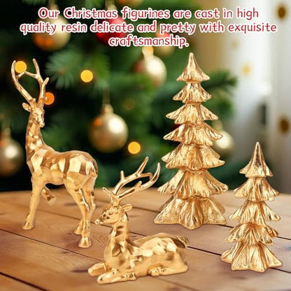 4-Piece Gold Christmas Tree Figurines and Resin Elk Sculpture Small Resin Christmas Trees,Tabletop Tree Artificial Animal Crafts for Indoor Home Decor,Tabletop Mantle Cabinet Desktop Offic