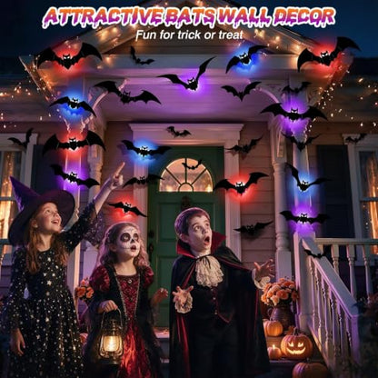 LUDILO 48P Bats Halloween Decorations + 12P Rechargeable Lights with Remote - color: Black, Black