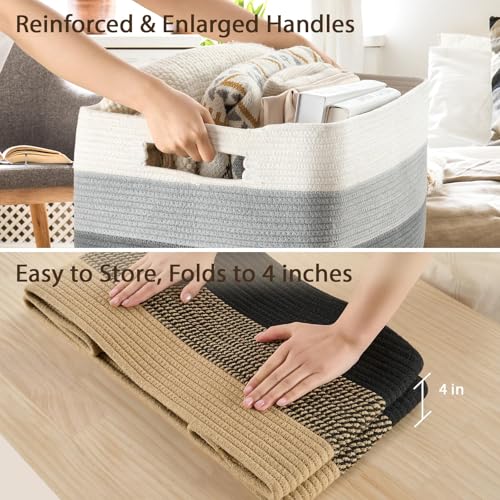 Optish 95L Large Woven Blanket Basket, Storage Basket with Handles, Grey - color: White & Grey, size: 24" x 17" x 13.5"(95L)