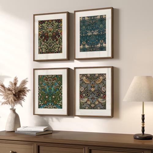 Framed William Morris Wall Art Set of 4, Vintage Botanical Floral Bird Prints, Retro Strawberry Thief Artwork for Living Room Bedroom Bathroom Office Dining Room, 12x16 Inch - color: Floral, size: 12" W x 16" H x 4Pcs