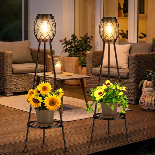 MXwcy 2 Pack Solar Lights Outdoor with LED Edison Bulbs, Vintage Style Solar Floor Lamp with Plant Stands, Weatherproof Garden Lights for Pathway, Patio, Yard, Porch Decor 8-10 Hours Lighting - color: B- 2Pack Black - Edison bulbs, size: Medium