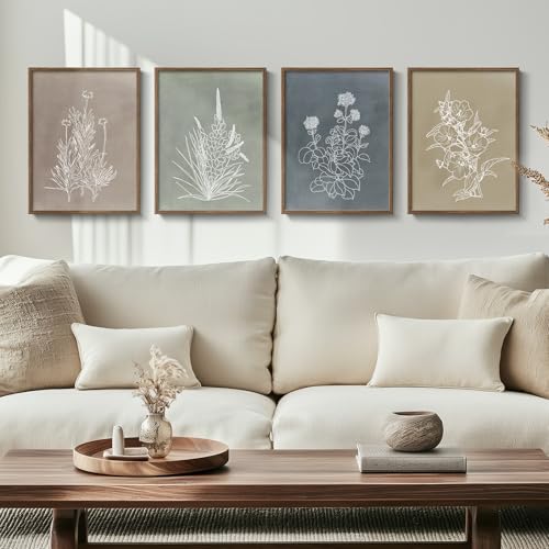 Framed Boho Neutral Botanical Wall Art for Living Room, 4 Piece 12x16 In - color: Simple - Walnut Framed, size: 12" W x 16" H x 4 pcs