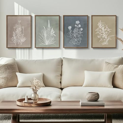 Framed Boho Neutral Botanical Wall Art for Living Room, 4 Piece 12x16 In - color: Simple - Walnut Framed, size: 12" W x 16" H x 4 pcs