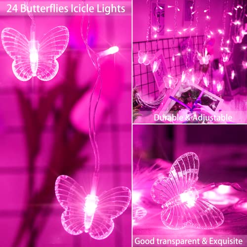 Butterfly Curtain Fairy Lights USB Plug in,120 LED 8 Modes 20FT Firefly Twinkle Icicle String Lights with Remote Timer Waterproof Copper Wire for Bedroom Patio Christmas Wedding Party Dorm(Pink) - color: Pink