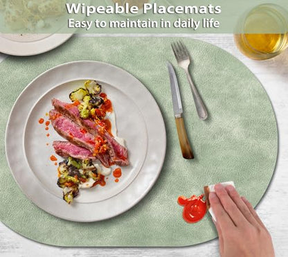 ADRIMER Oval Placemats Set of 6, Wipeable Faux Leather, Green - color: Green