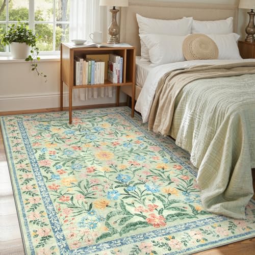 Lahome Washable Green Rug, 5x7 Whimsical Floral Rug for Nursery Classroom - color: Tea Green, size: 5' x 7' (Rectangular)