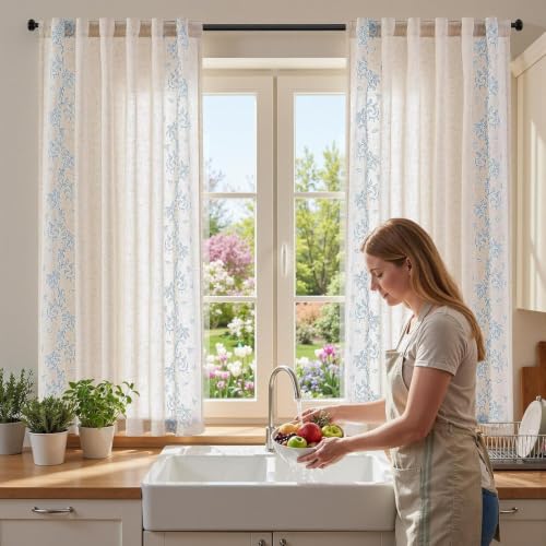 jinchan Floral Linen Curtains, Back Tab 50x63 Inch, 2 Panels Blue - color: Vine | Sky Blue, size: 50"W x 63"L (Pack of 2)