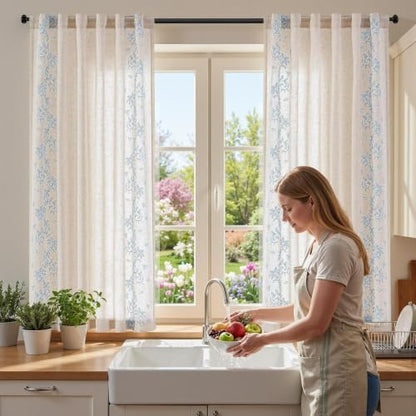 jinchan Floral Linen Curtains, Back Tab 50x63 Inch, 2 Panels Blue - color: Vine | Sky Blue, size: 50"W x 63"L (Pack of 2)