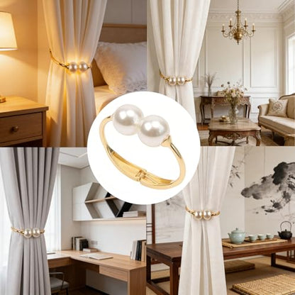 Curtain Tiebacks, Pearl Bracelet Decorative Curtain Tie Backs Wrist can be Worn 2Pcs Window Curtain Tieback for Home Office Decor Drapery Curtain holdbacks with Ties (Gold)