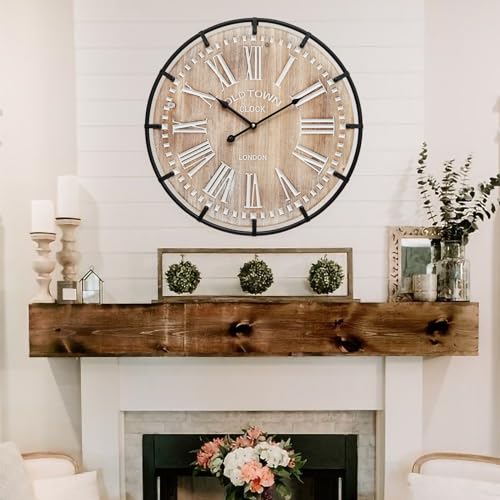 EMAX HOME 20 Inch Large Farmhouse Wall Clock, Rustic Antique Wood with Metal Circle and Large Engraved Numerals, Silent Battery Operated Wall Clock for Office Kitchen Bedroom Living Room - color: Brown, size: 20 Inch Roman numerals
