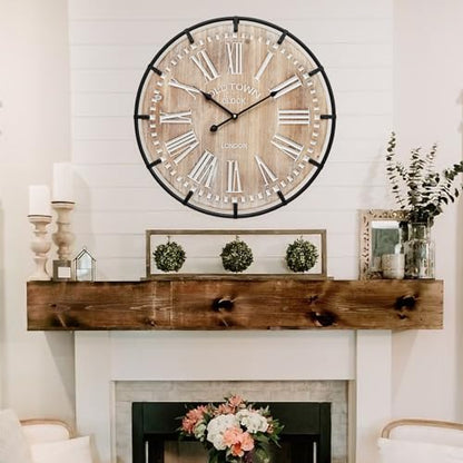 EMAX HOME 20 Inch Large Farmhouse Wall Clock, Rustic Antique Wood with Metal Circle and Large Engraved Numerals, Silent Battery Operated Wall Clock for Office Kitchen Bedroom Living Room - color: Brown, size: 20 Inch Roman numerals