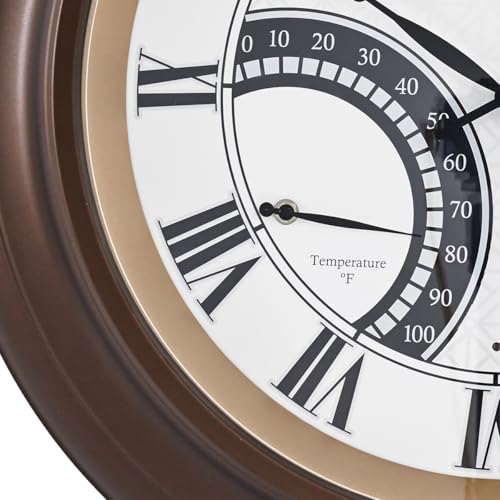 ANDY STAR 24 Inch Outdoor Clocks Waterproof,Large Outdoor Wall Clocks for Patio with Thermometer Combo, Silent Weatherproof Illuminated Metal Clock Battery Operated with Thermometer&Hygrometer, Bronze - color: Bronze