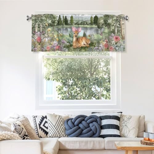 Floral Deer Curtain Valance 54x18 Inches Window Treatment Rod Pocket Valance for Kitchen Bathroom Bedroom - color: Floral Deer