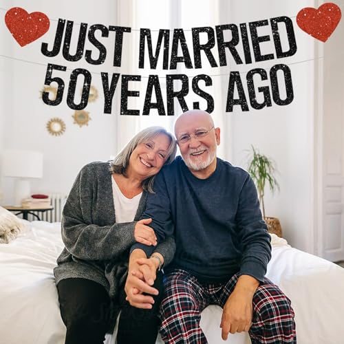 Black Glitter Just Married 50 Years Ago Banner,NO DIY,Pre-Strung 50th Wedding Anniversary Party Decorations 50 Years Blessed & Loved Garland Sign We Still Do 50th Party Supplies - color: 50black