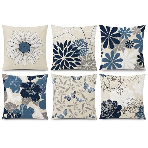 COMMINY Blue Beige Pillow Covers 16x16, Set of 6 Floral Throw Pillow Covers - color: Blue White Beige, size: 16" x 16" (Pack of 6)