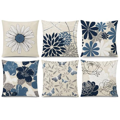 COMMINY Blue Beige Pillow Covers 16x16, Set of 6 Floral Throw Pillow Covers - color: Blue White Beige, size: 16" x 16" (Pack of 6)