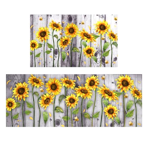 Wood Grain Sunflower Kitchen Rugs and Mats for Floor 2 Piece Sets, Sunflower Kitchen Mat and Gray Wood Grain Floor Rug for in Front of Sink for Standing for Kitchen Decor 17"X30"+17"X47" - color: Kitchen Mats Sunflower