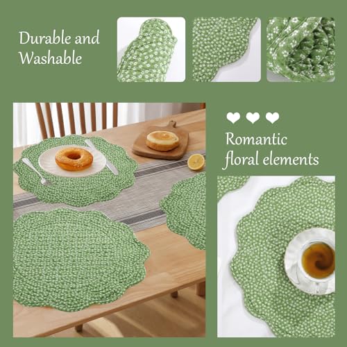 HOMBYS Quilted Placemats Set of 4 Washable Round Placemats for Kitchen Table-100% Cotton Fabric Round Table Mats, (Green with White Flower) - color: Green With White Flower