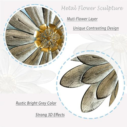 Novbvia Metal Flower Wall Sculpture,12" Grey Rustic Modern Floral Artwork - color: 03B-Grey