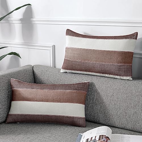 AmHoo Pack of 2 Farmhouse Stripe Check Throw Pillow Covers Set Case Cotton Linen Decorative Pillowcases Cushion Cover for Couch Bench Sofa 12x20Inch Brown - color: Brown, size: 20" x 12" (Pack of 2)