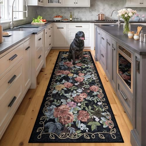 Washable 2x6 Runner Rug, Navy Boho Floral Non-Slip for Hallway, Kitchen - color: Dark Navy, Dusty Rose, Mustard and Blue Grey, size: 2' x 6' (Rectangular)