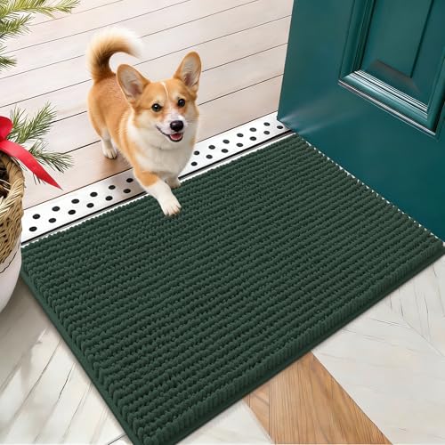 OLANLY Dog Door Mat for Muddy Paws 24x16, Extra Absorbent Chenille Mud Mat - color: Blackish Green, size: 24" X 16"