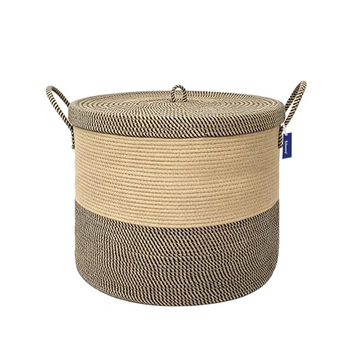 XXXXL Extra Large blanket basket with lid 21"x21"x18" blanket storage for living room,Large woven storage basket round laundry basket rope basket 115L (Jute&Black) - color: Jute&Black