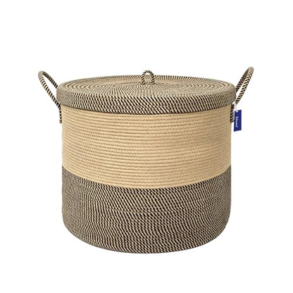 XXXXL Extra Large blanket basket with lid 21"x21"x18" blanket storage for living room,Large woven storage basket round laundry basket rope basket 115L (Jute&Black) - color: Jute&Black