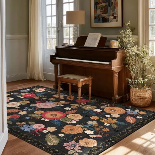 4x6 Washable Small Bedroom Rug: Living Room Area Rugs Non Slip Throw Carpet - color: Black Floral, size: 4' x 6' (Rectangular)