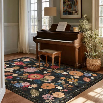 4x6 Washable Small Bedroom Rug: Living Room Area Rugs Non Slip Throw Carpet - color: Black Floral, size: 4' x 6' (Rectangular)