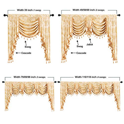 ELKCA Golden Jacquard Swag Waterfall Valance Luxury Curtain Valance for Living Room (Damask-Golden, W59 Inch, 1 Panel) - color: Valance,damask-golden, size: 59"W x 43"L (Pack of 1)
