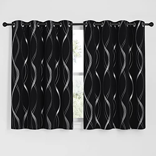 NICETOWN Black Out Window Curtains for Bedroom, Microfiber Noise Reducing Thermal Insulated Wave Line Foil Print Design Blackout Curtains for Office, Classroom (2 Panels, 52 x 54 Inch) - color: 1 - Black, size: 52"W x 54"L (Pack of 2)