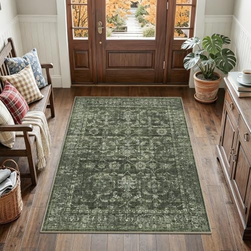 3x4 Washable Entryway Area Rug Non-Slip Vintage Dark Green Door Mat - color: Dark Green, size: 3' x 4' (Rectangular)