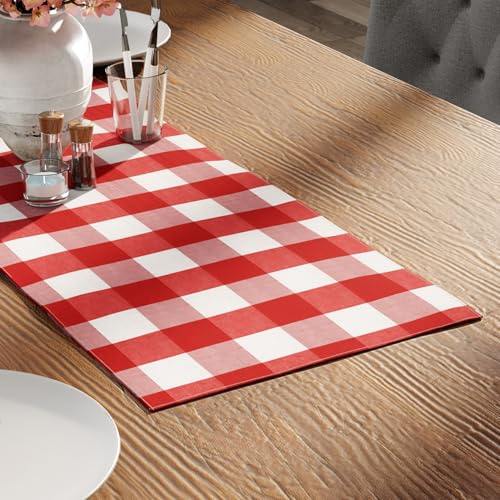 Encasa XO Table Runner, Woven Cotton Dining Linens 13"x36" Red - color: Buffalo Red Checks, size: 13x36 in