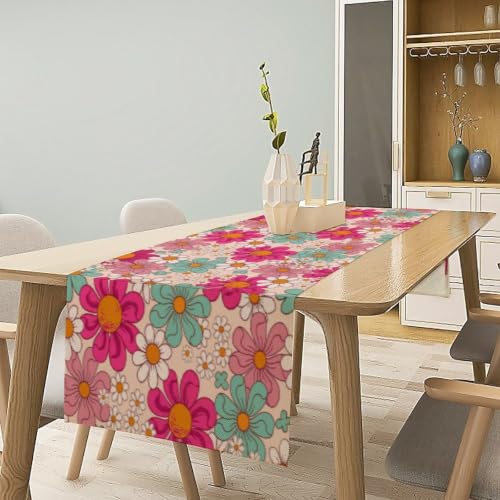 Retro Florals Table Runner Vintage Gardern Flowers Groovy Hippie Seasonal Spring Farmhouse Abstract Country Dinner Runner for Home Kitchen Dining Table Party Holiday Decor 13"x36" - color: Orange-22, size: W13"x L36"