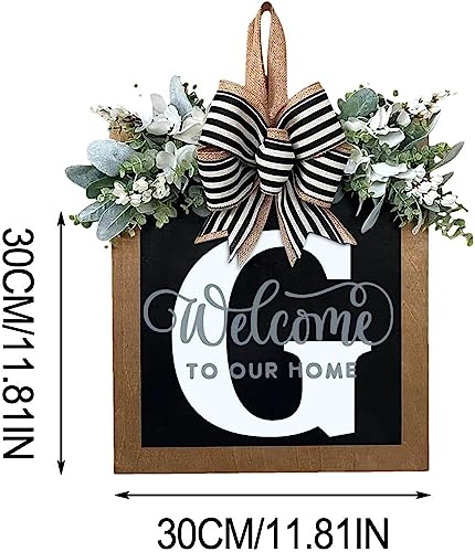 Last Name All Year Round Front Door Wreath with 26 Initial Letter Welcome Sign All Seasons Eucalyptus Garland and Bow ，Farmhouse, Porch, for Spring Summer Fall All Seasons Holiday Halloween Christmas.（G） - color: G