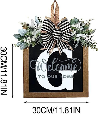 Last Name All Year Round Front Door Wreath with 26 Initial Letter Welcome Sign All Seasons Eucalyptus Garland and Bow ，Farmhouse, Porch, for Spring Summer Fall All Seasons Holiday Halloween Christmas.（G） - color: G