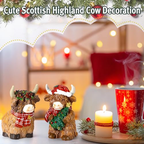 2 Pack Christmas Highland Cow Figurines Decor, Resin Table Decor - style: Christmas