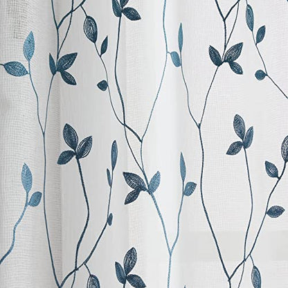 Curtainworks Botanical Embroidery Sheer Window Curtain Collection, Rod Pocket, 84-inch Panel Pair, Blue - color: Blue, size: 37"W x 84"L (Pack of 2)