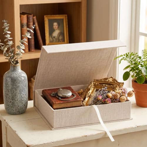 Linen Photo Box, 8×10 Memory Box for Keepsakes Photo Storage Boxes with Lids Stackable for Storing Photos, Postcards, Handwritten Letters, Drawer and Tabletop Organizer, 11.1×8.9×2.5 Inch