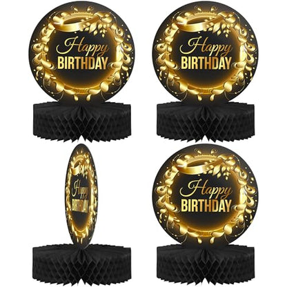 Happy Birthday Table Decoration Centerpieces - (4 Pack, Black & Rose Gold), Double-Sided Happy Birthday Centerpieces for Tables - Party Supplies for Elegant Birthday Decorations by PixiPy - style: Black & Gold (Pack of 4)