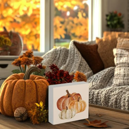 Rustic Farmhouse Fall Pumpkin Neutral Wooden Box Sign Desk Decor - color: Pumpkin