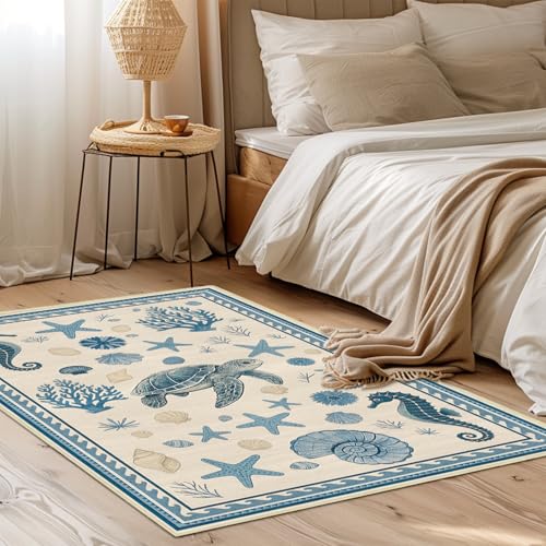 Coastal Nautical Rug 2x3 for Entryway Sea Turtle Starfish Ocean Seashell - color: Coastal, size: 2' x 3' (Rectangular)