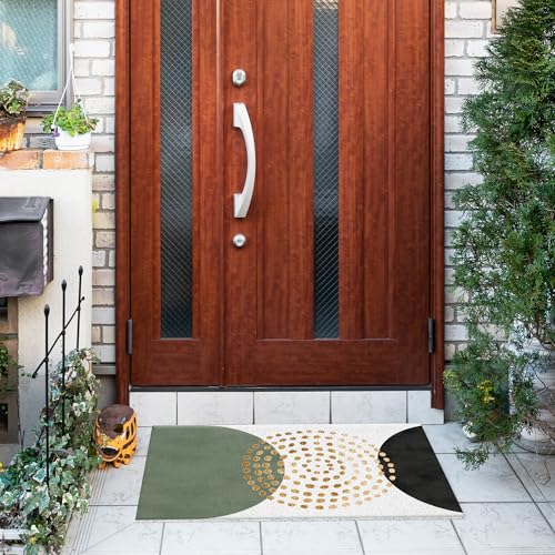 Jvpke Abstract Boho Door Mat, Minimalist Green Gold and Black Doormat Indoor Outdoor Entrance Porch, Boho Bath Mats for Bathroom, Mid Century Modern Welcome Mats for Front Door, 17x30 Inches - color: Green Boho