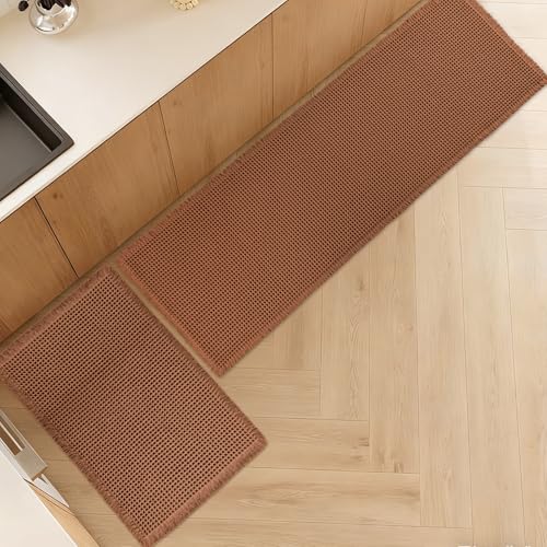Luxury Waffle Bath Mat, Super Absorbent Non Slip Bathroom Rugs, Boho Ultra Soft Comfort Machine Washable Quick Dry Floor Mats with Tassels (Coffee, 17" x 24" + 24" x 72") - color: Coffee, size: 17" X 24" + 24" X 72"
