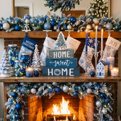 Cinnvoice 4 Pcs Blue Christmas Wooden Home Sweet Home Block Shelf Decor - style: Blue Christmas