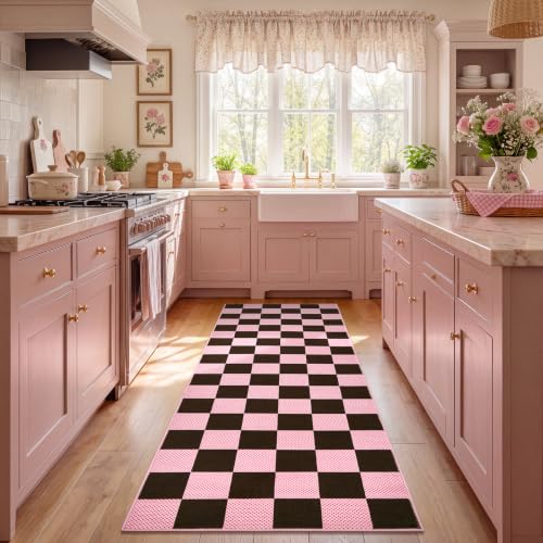 GarveeHome Checkered Brown Pink 2x6 Washable Low-Pile Kitchen Runner Rug - color: Brown Pink, size: 2' x 6' (Rectangular)
