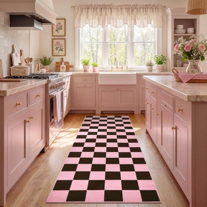 GarveeHome Checkered Brown Pink 2x6 Washable Low-Pile Kitchen Runner Rug - color: Brown Pink, size: 2' x 6' (Rectangular)